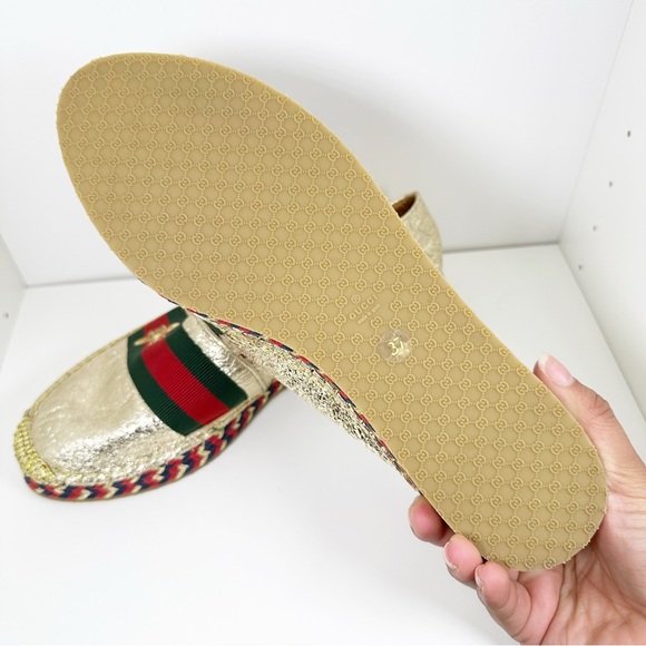 Gucci Metallic Gold Crinkled Leather Web Pilar Bee Espadrilles Flats 7 - Picture 9 of 10